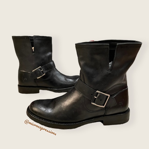 $388 Frye Natalie Engineer Black Leather  Short Moto Belted Casual Lug AnkleBoot - Picture 16 of 16